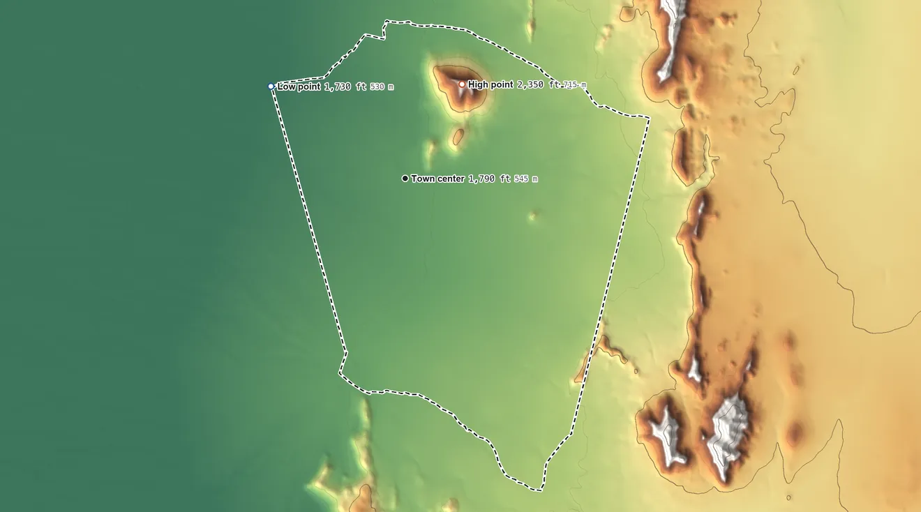 Topographic elevation map of Why, Arizona, shaded from 1,730 ft on the northwest side to 2,350 ft on the northeast side