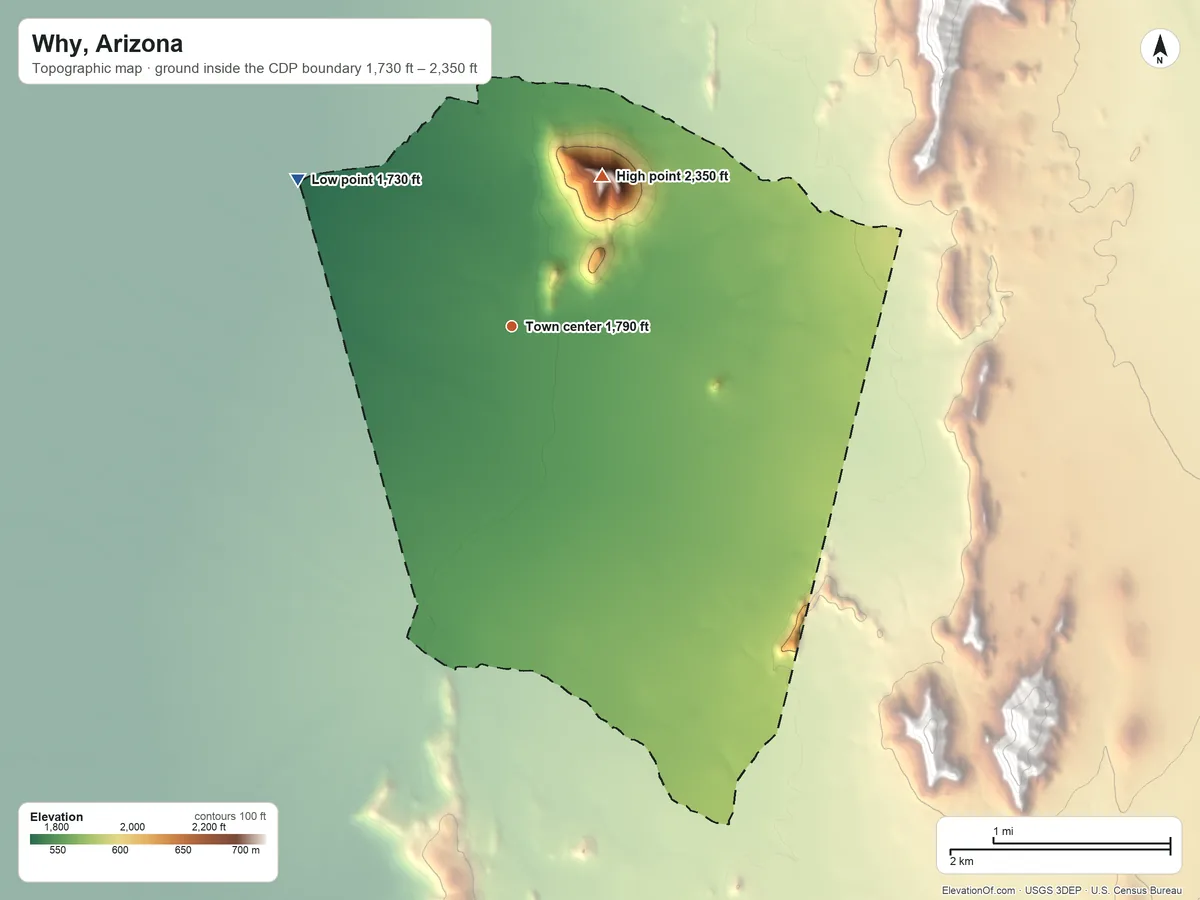 Topographic elevation map of Why, Arizona, shaded from 1,730 ft on the northwest side to 2,350 ft on the northeast side