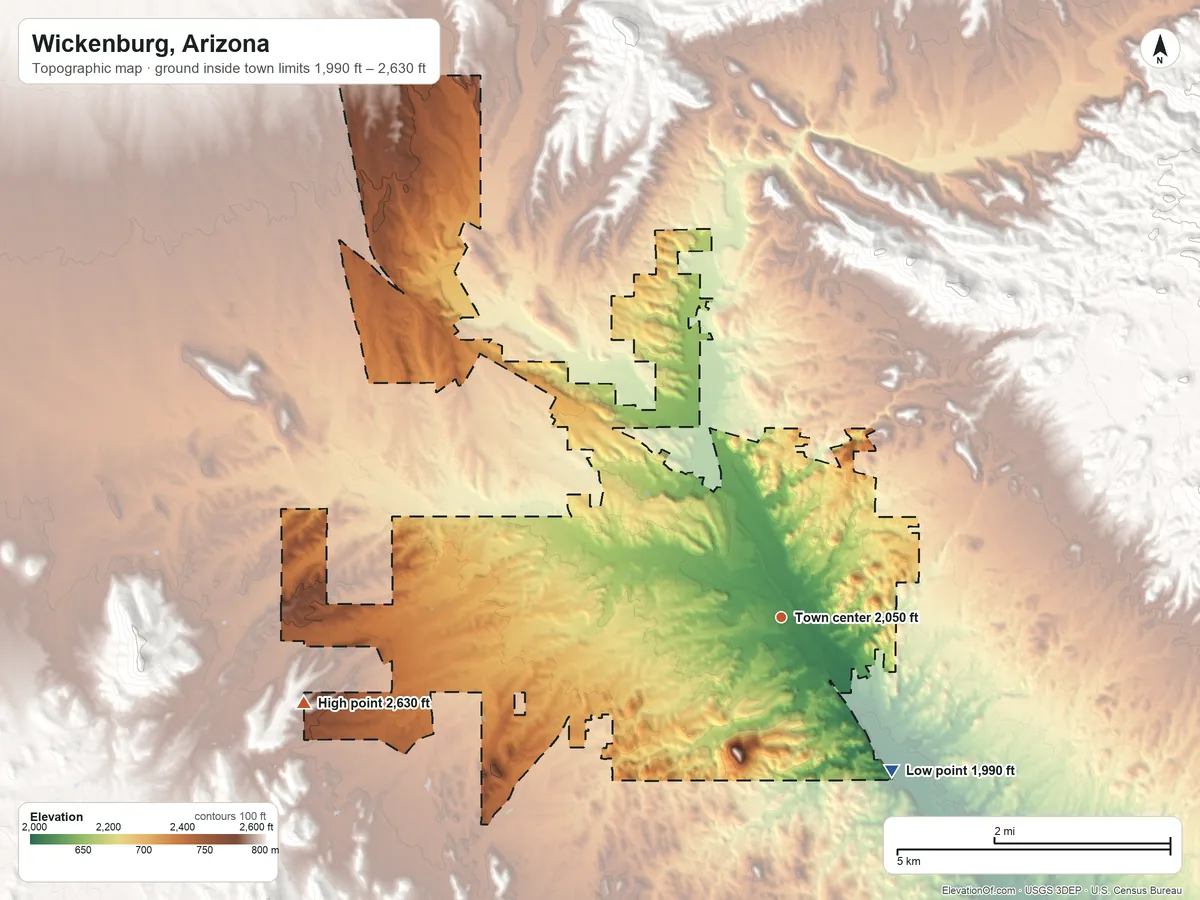 Topographic elevation map of Wickenburg, Arizona, shaded from 1,990 ft on the southeast side to 2,630 ft at the foot of the Vulture Mountains