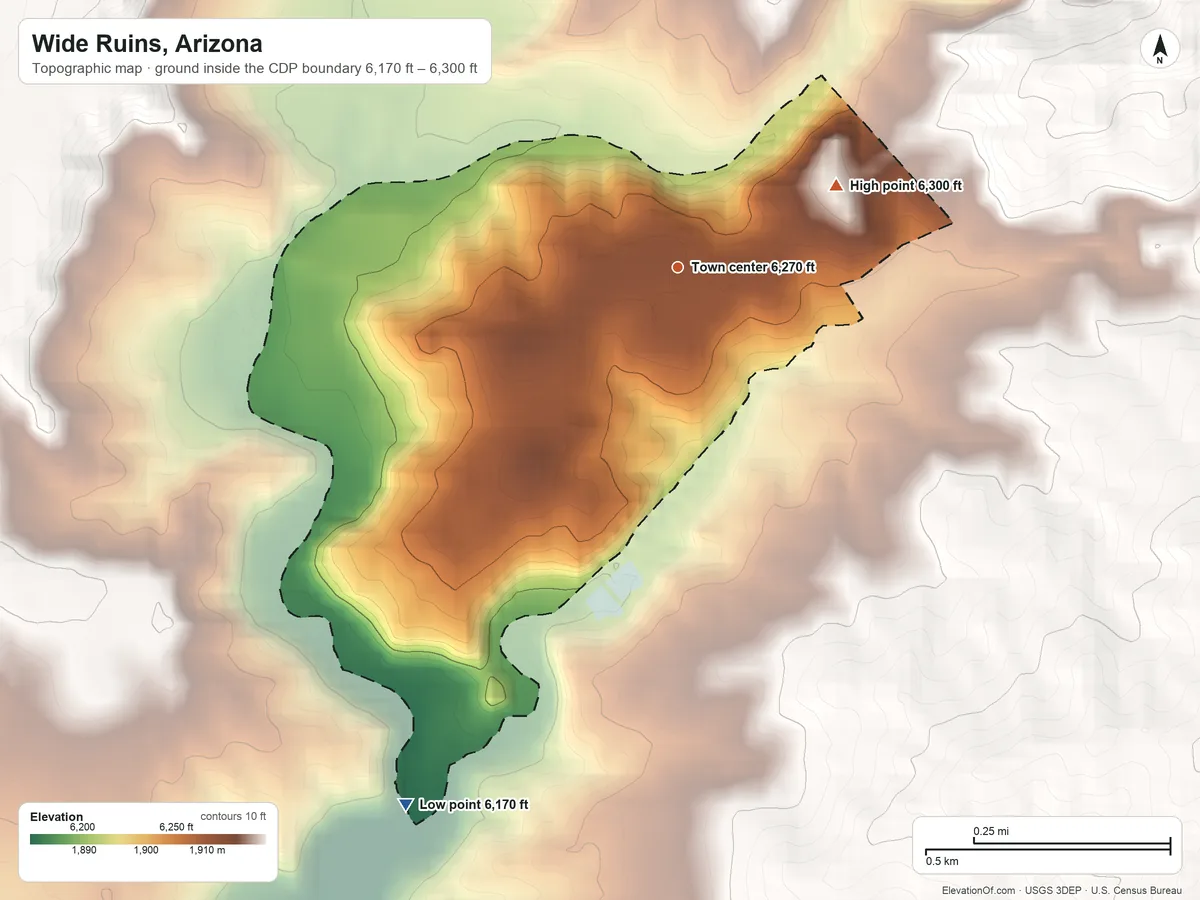Topographic elevation map of Wide Ruins, Arizona, shaded from 6,170 ft on the southwest side to 6,300 ft on the northeast edge, below higher ground just outside