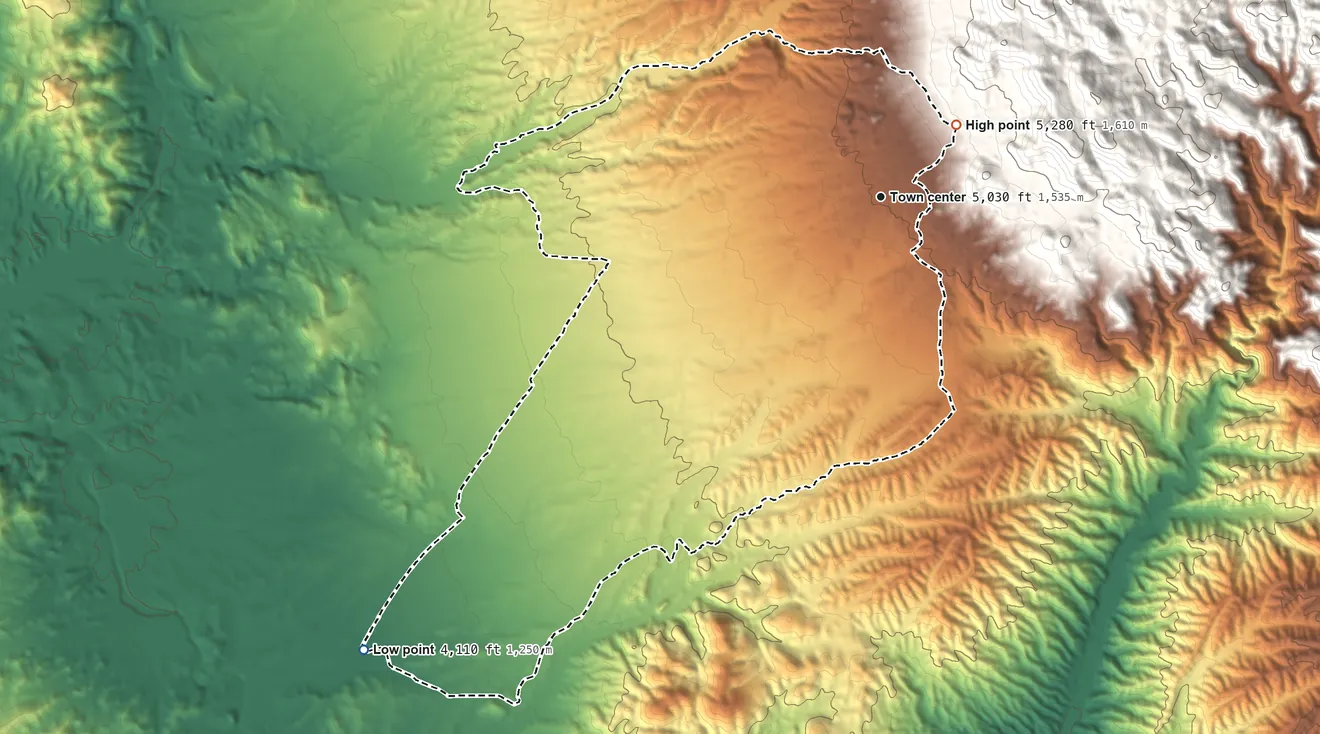 Topographic elevation map of Wilhoit, Arizona, shaded from 4,110 ft on the southwest side to 5,280 ft at the foot of the Sierra Prieta