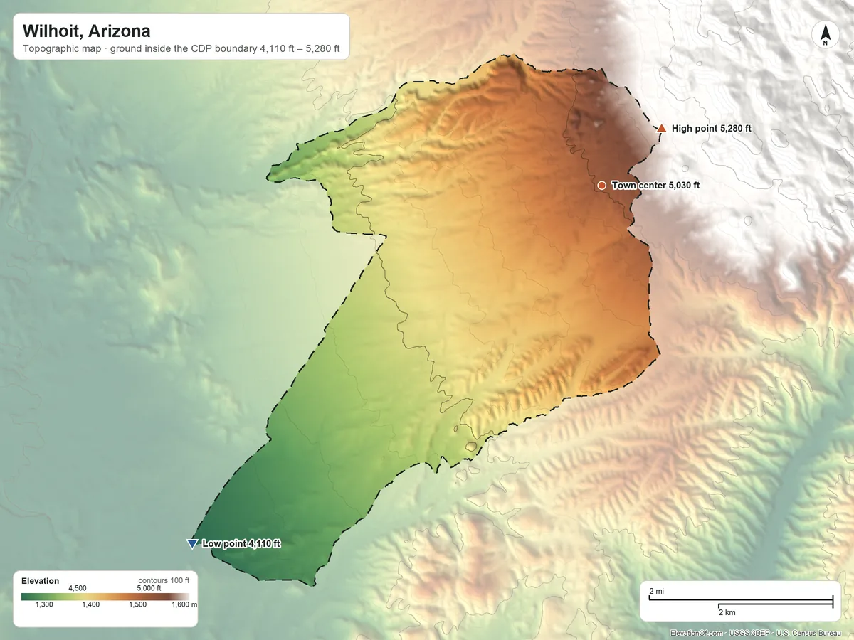 Topographic elevation map of Wilhoit, Arizona, shaded from 4,110 ft on the southwest side to 5,280 ft at the foot of the Sierra Prieta