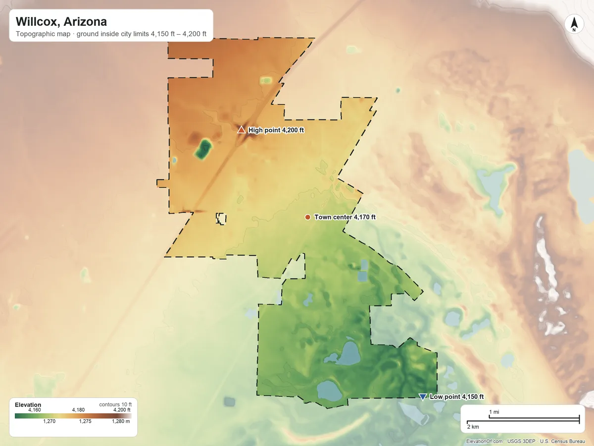 Topographic elevation map of Willcox, Arizona, shaded from 4,150 ft on the southeast side to 4,200 ft on the northwest side
