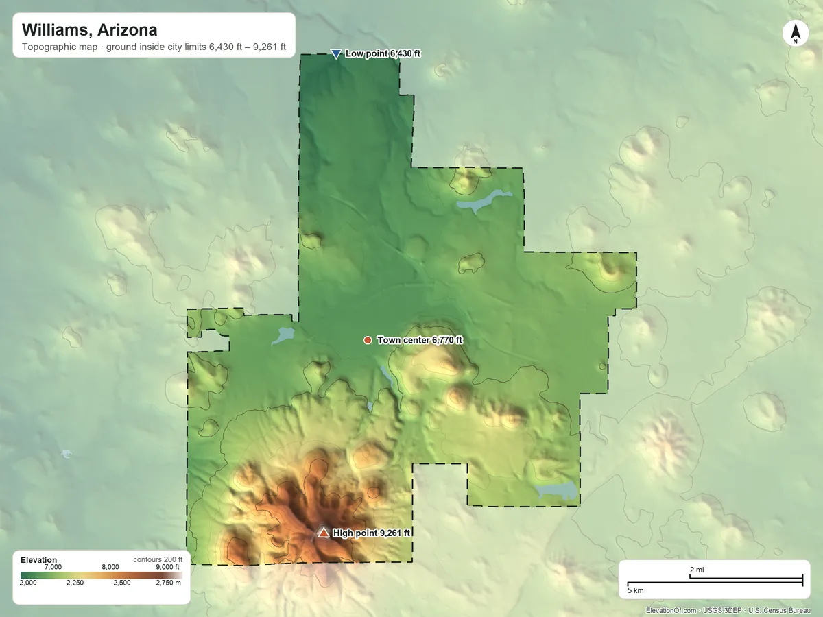 Topographic elevation map of Williams, Arizona, shaded from 6,430 ft on the north side to 9,261 ft on Bill Williams Mountain