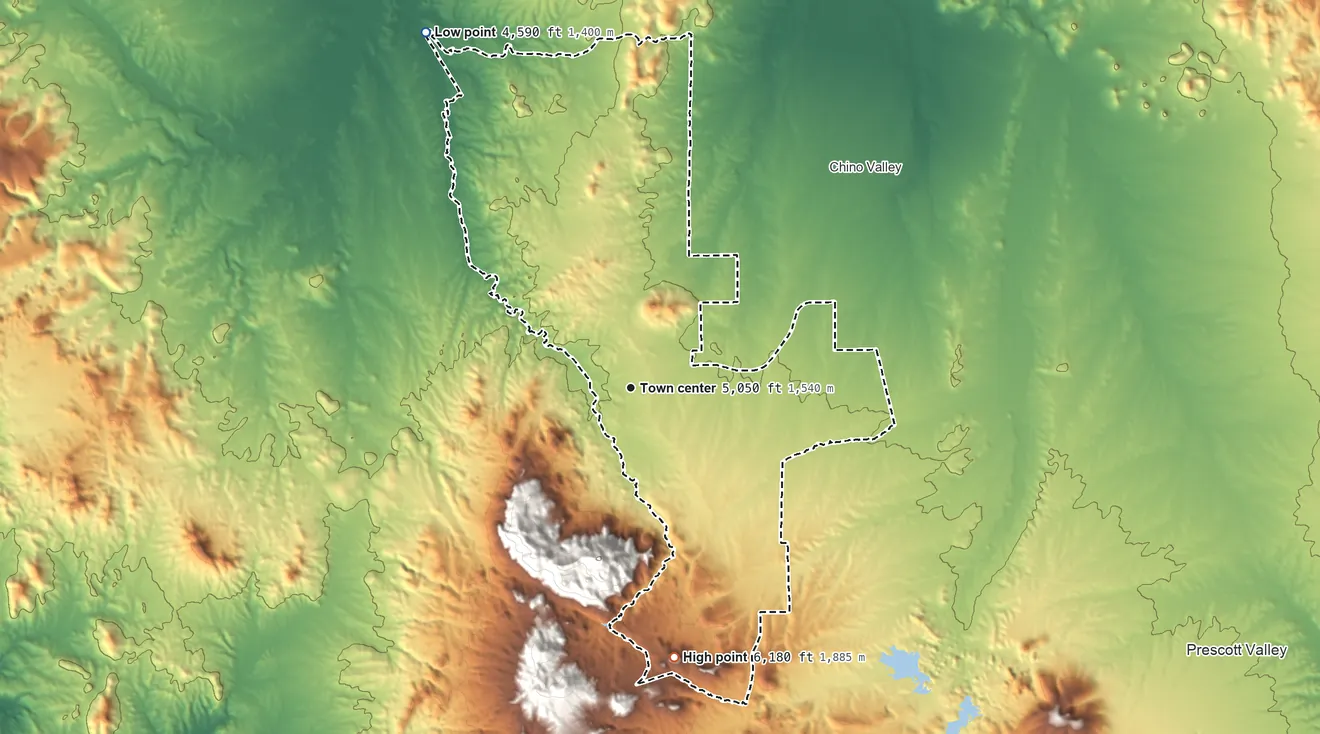 Topographic elevation map of Williamson, Arizona, shaded from 4,590 ft on the northwest side to 6,180 ft on the south side