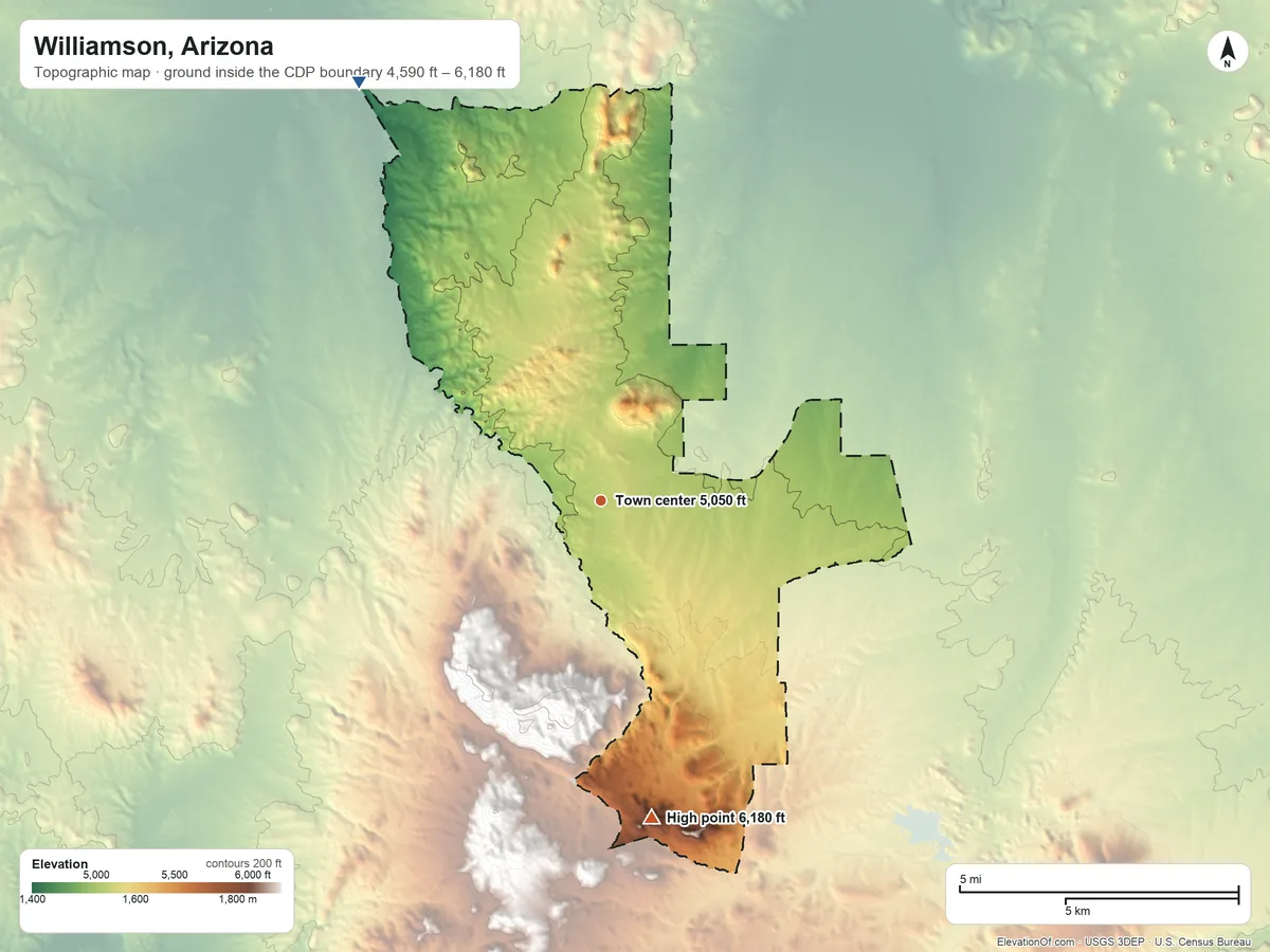 Topographic elevation map of Williamson, Arizona, shaded from 4,590 ft on the northwest side to 6,180 ft on the south side