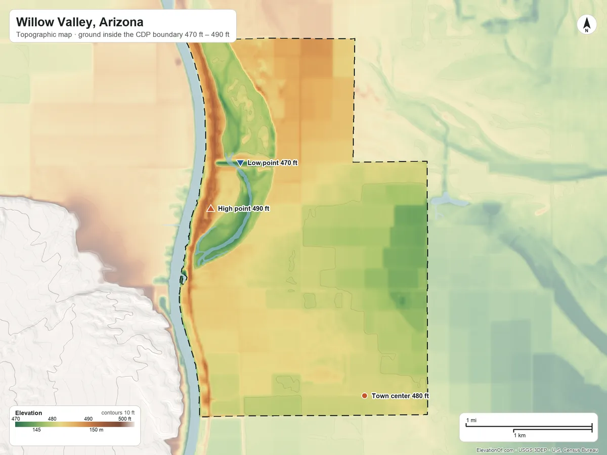 Topographic elevation map of Willow Valley, Arizona, shaded from 470 ft on the northwest side to 490 ft on the northwest side
