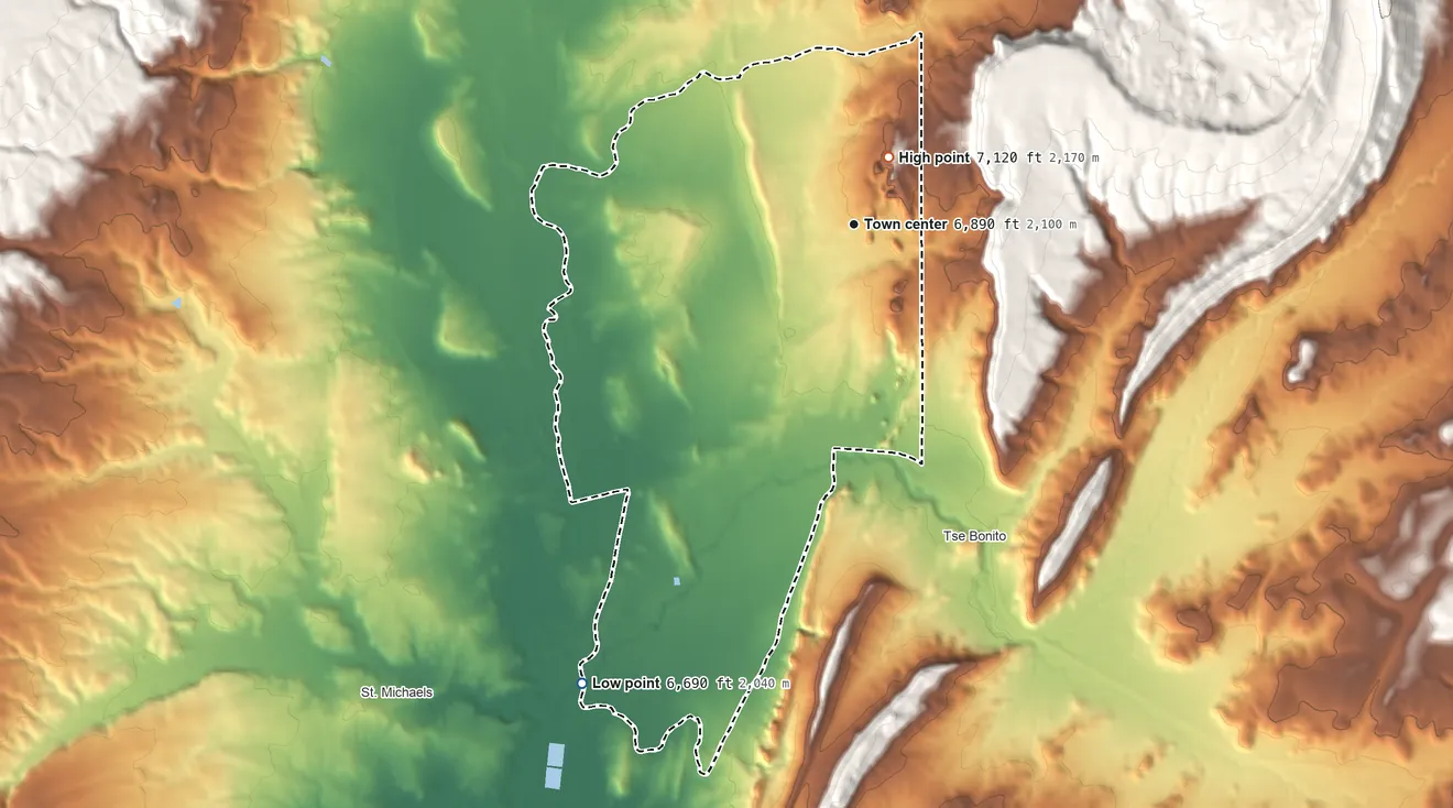 Topographic elevation map of Window Rock, Arizona, shaded from 6,690 ft on the southwest side to 7,120 ft near the middle