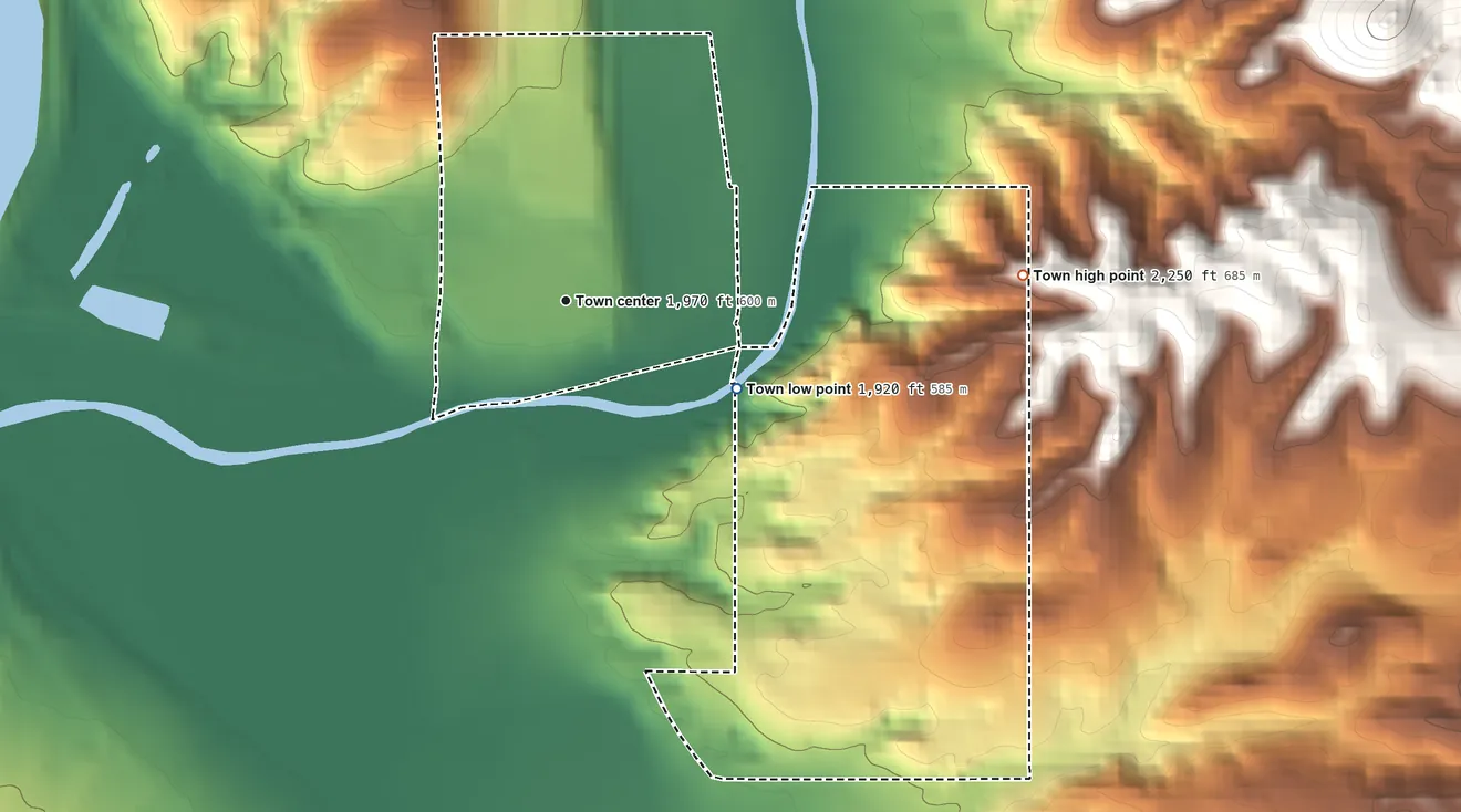Topographic elevation map of Winkelman, Arizona, shaded from 1,920 ft on the southeast side to 2,250 ft at the foot of the Tortilla Mountains