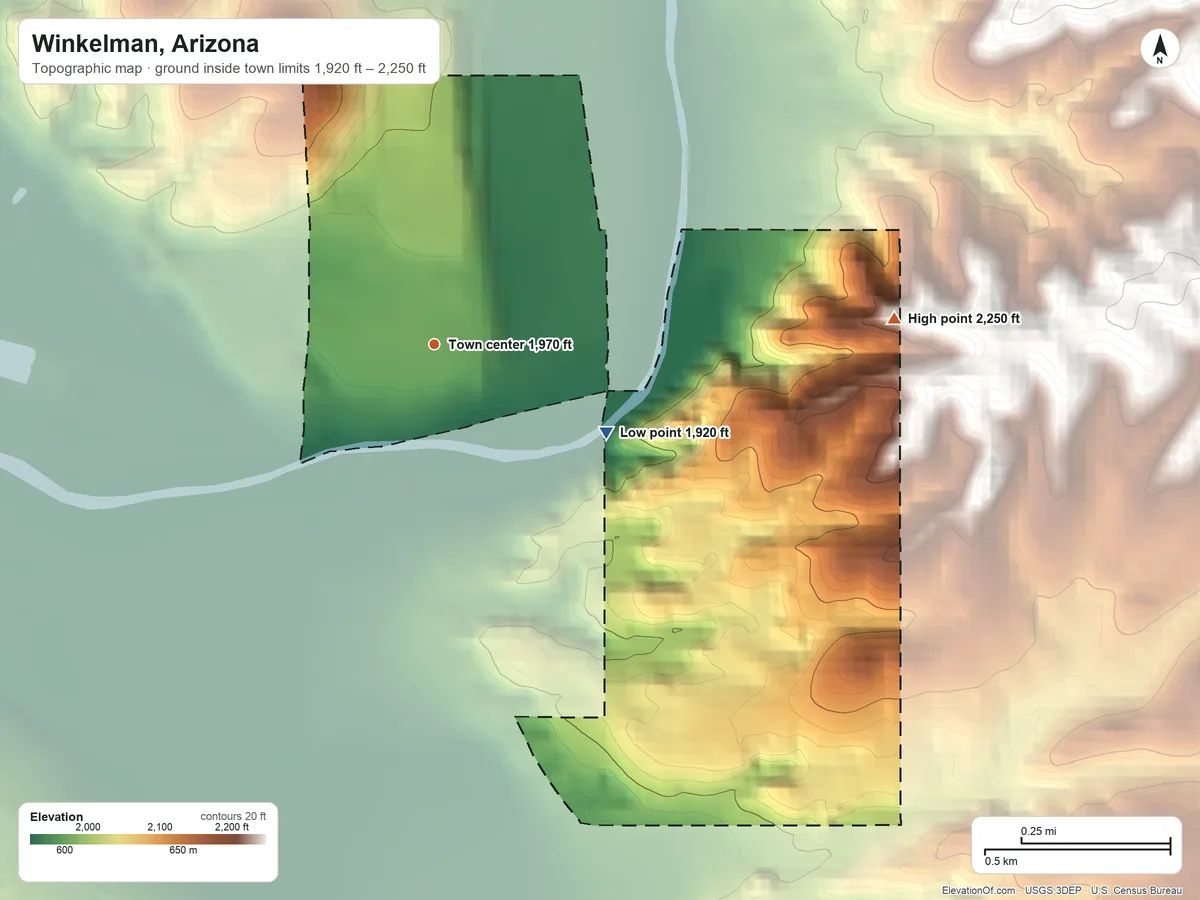 Topographic elevation map of Winkelman, Arizona, shaded from 1,920 ft on the southeast side to 2,250 ft at the foot of the Tortilla Mountains