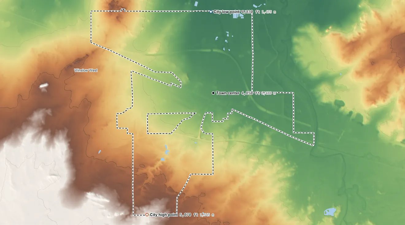 Topographic elevation map of Winslow, Arizona, shaded from 4,830 ft on the north side to 5,070 ft on the southwest side