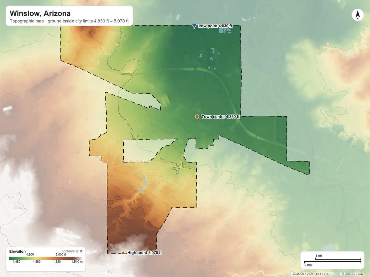Topographic elevation map of Winslow, Arizona, shaded from 4,830 ft on the north side to 5,070 ft on the southwest side