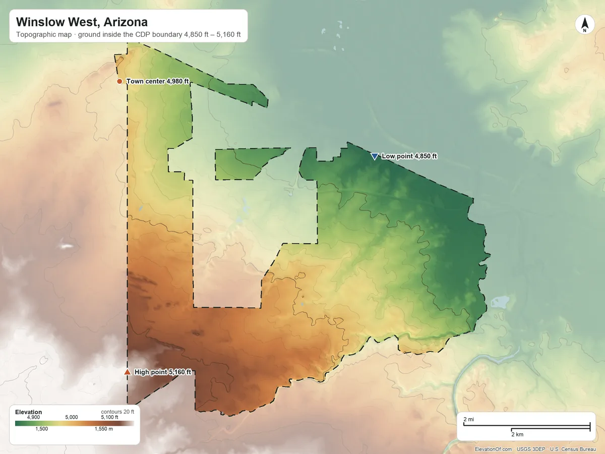 Topographic elevation map of Winslow West, Arizona, shaded from 4,850 ft on the east side to 5,160 ft on the south side
