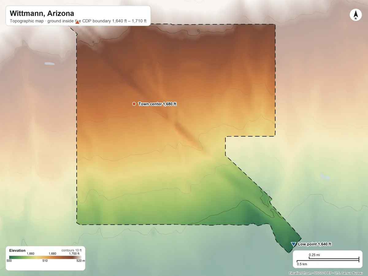 Topographic elevation map of Wittmann, Arizona, shaded from 1,640 ft on the southeast side to 1,710 ft on the northwest side