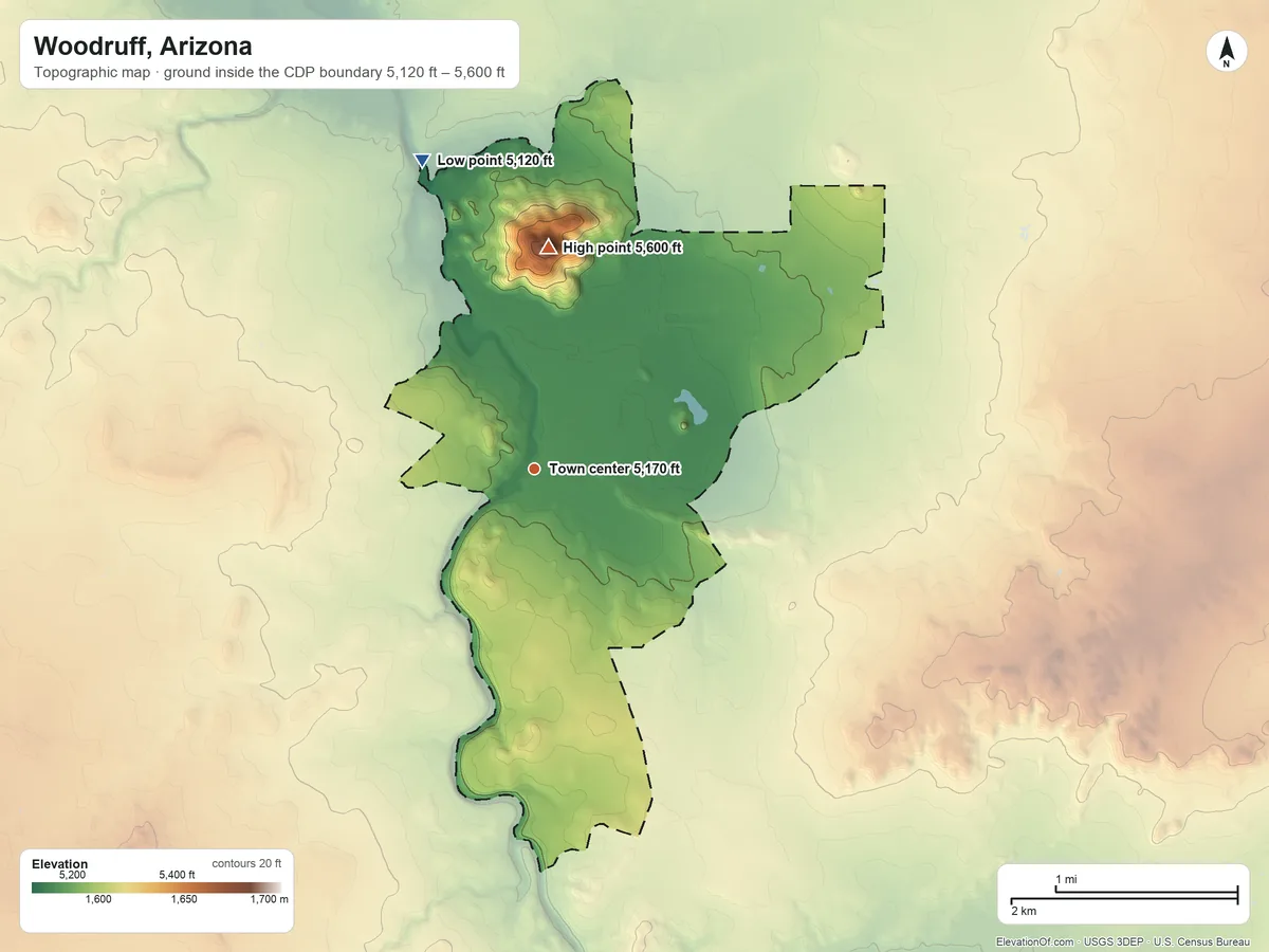 Topographic elevation map of Woodruff, Arizona, shaded from 5,120 ft on the north side to 5,600 ft on Woodruff Butte