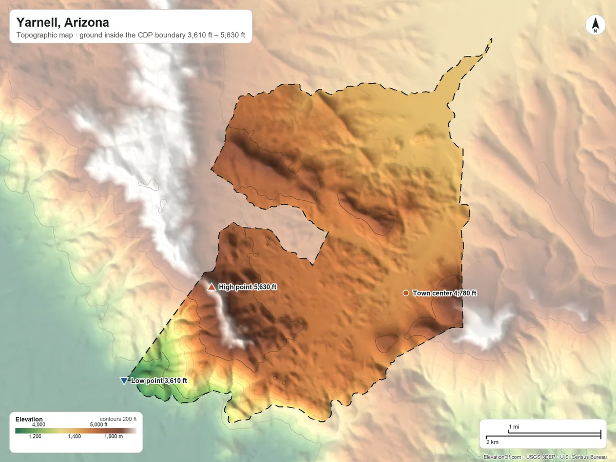 Topographic elevation map of Yarnell, Arizona, shaded from 3,610 ft on the west side to 5,630 ft at the foot of the Weaver Mountains