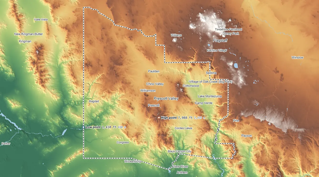 Topographic elevation map of Yavapai County, Arizona, shaded from 1,410 ft on the southwest side to 7,988 ft on Mount Union