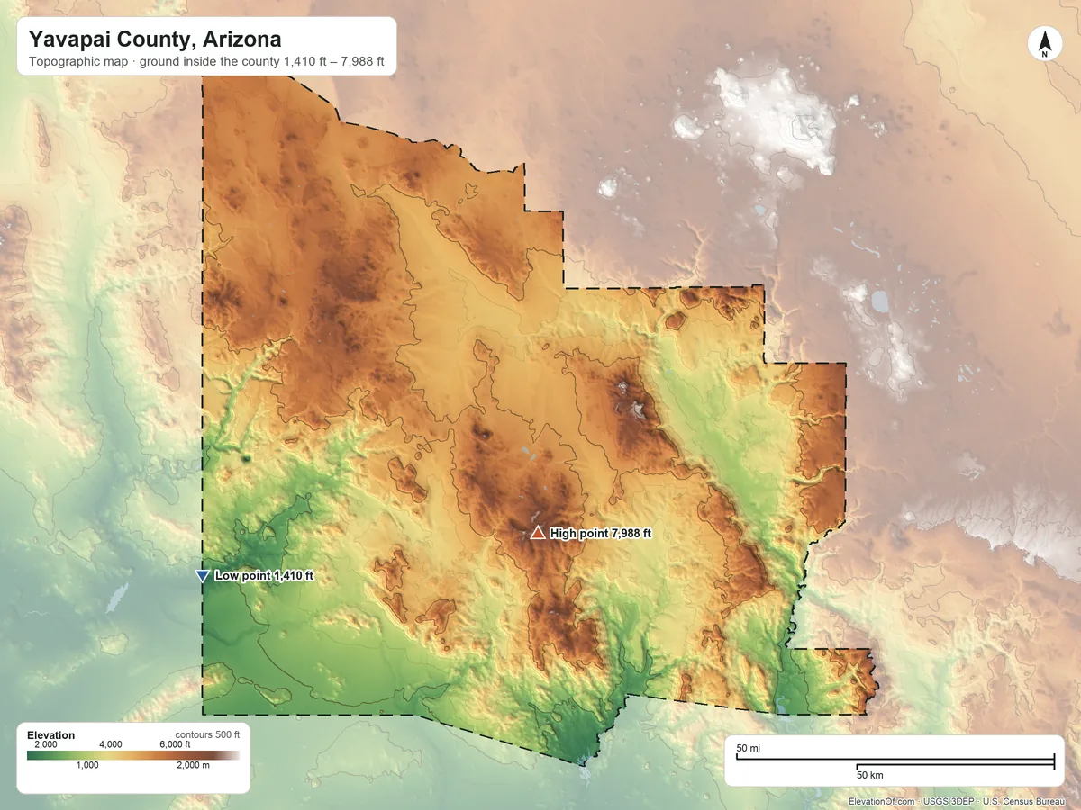 Topographic elevation map of Yavapai County, Arizona, shaded from 1,410 ft on the southwest side to 7,988 ft on Mount Union