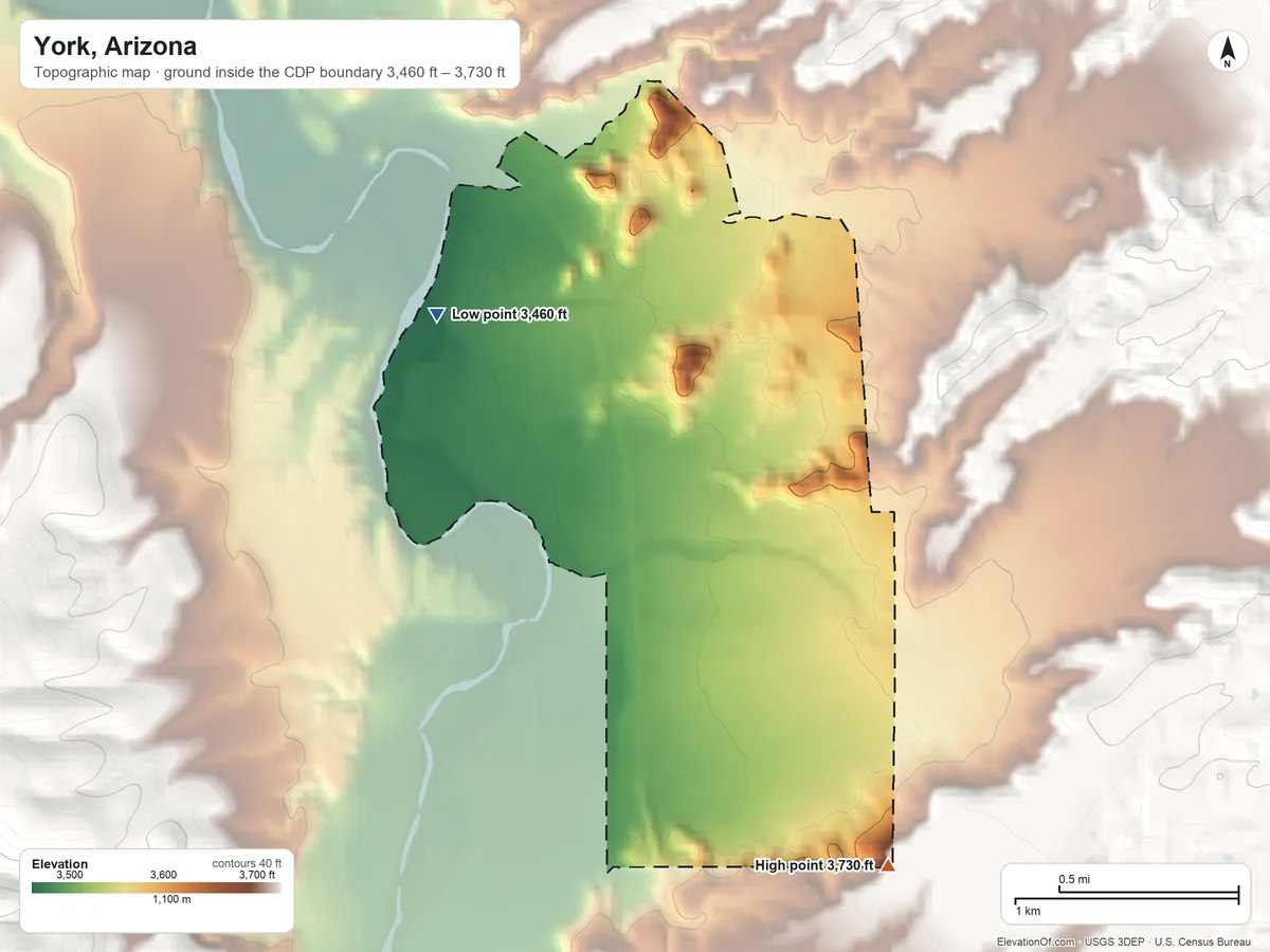 Topographic elevation map of York, Arizona, shaded from 3,460 ft on the northwest side to 3,730 ft on the south side