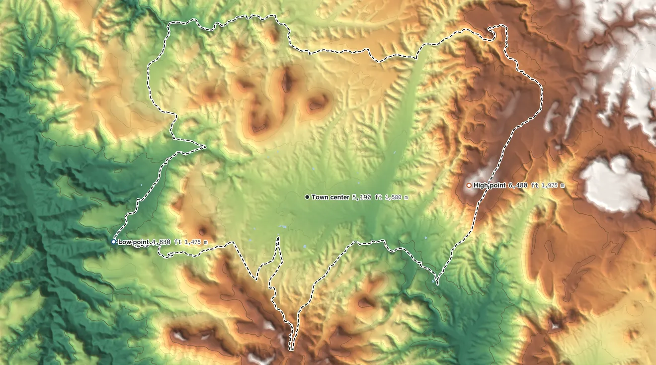 Topographic elevation map of Young, Arizona, shaded from 4,830 ft on the west side to 6,480 ft on the east side