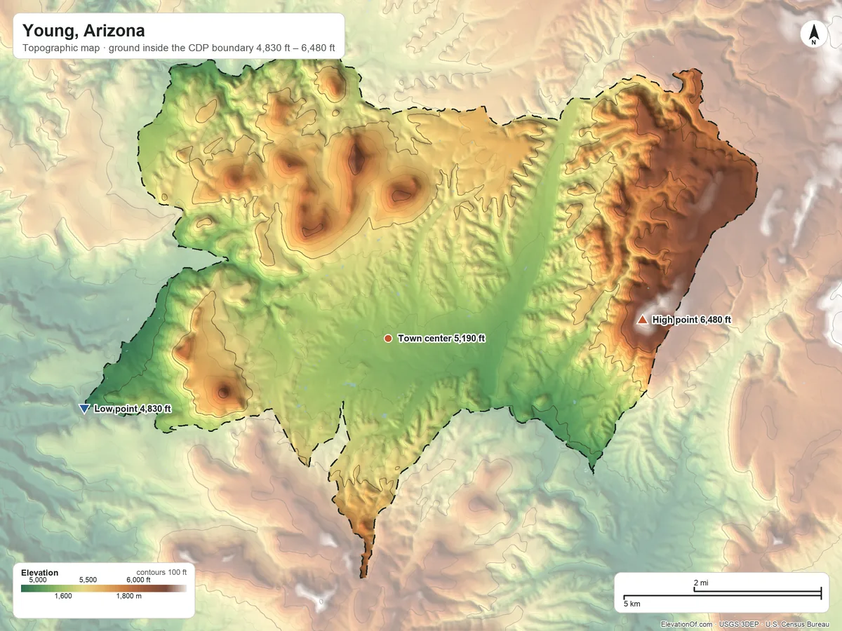 Topographic elevation map of Young, Arizona, shaded from 4,830 ft on the west side to 6,480 ft on the east side