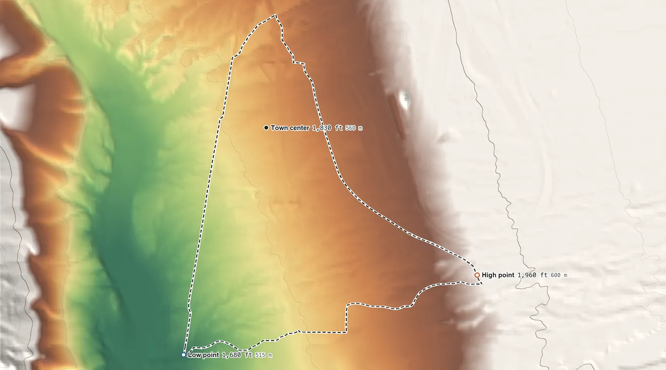 Topographic elevation map of Yucca, Arizona, shaded from 1,680 ft on the south side to 1,960 ft on the southeast side