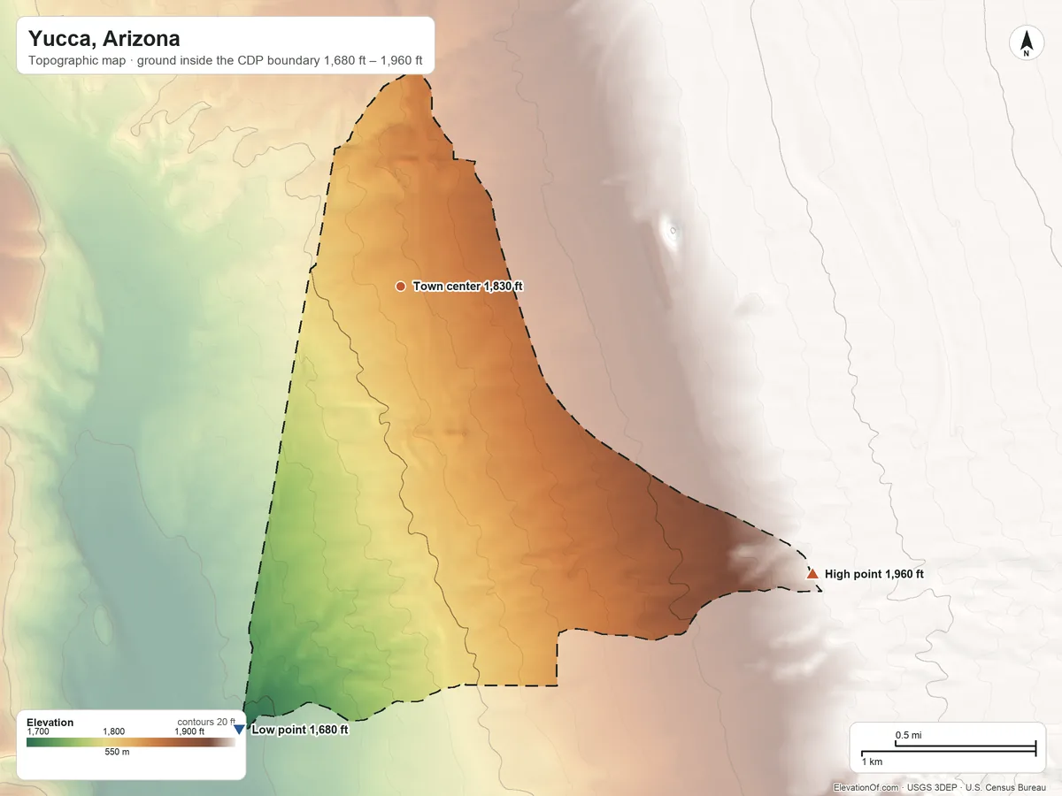 Topographic elevation map of Yucca, Arizona, shaded from 1,680 ft on the south side to 1,960 ft on the southeast side