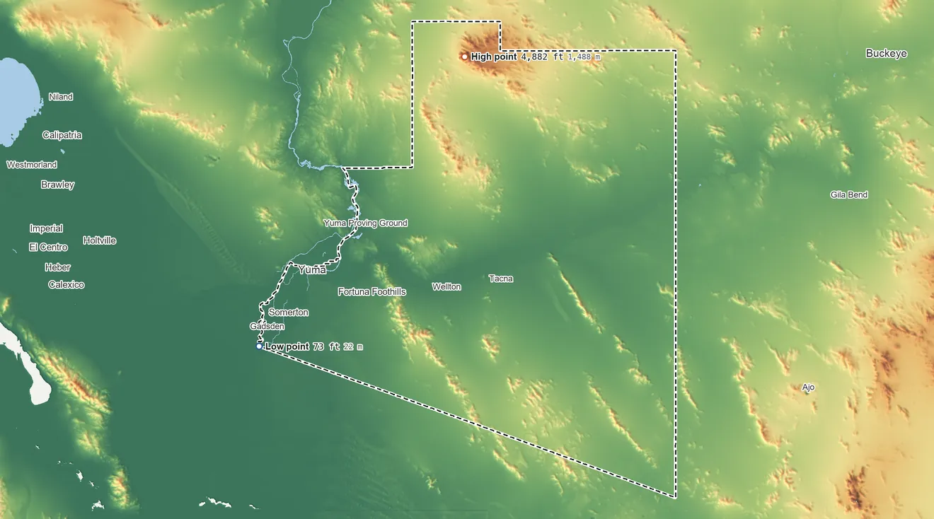 Topographic elevation map of Yuma County, Arizona, shaded from 73 ft on the west side to 4,882 ft on Signal Peak