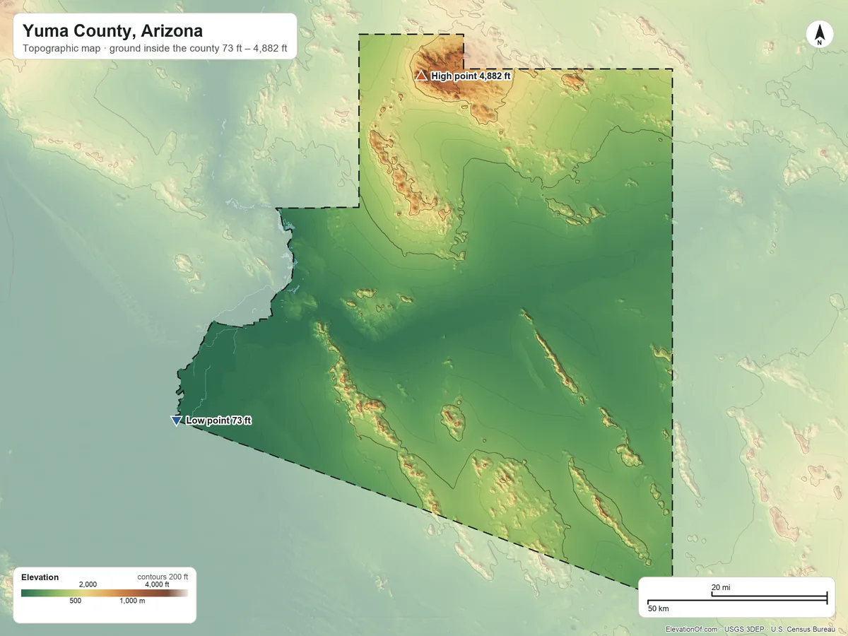 Topographic elevation map of Yuma County, Arizona, shaded from 73 ft on the west side to 4,882 ft on Signal Peak