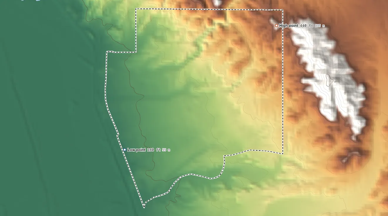 Topographic elevation map of Yuma Proving Ground, Arizona, shaded from 180 ft on the southwest side to 440 ft on the northeast side