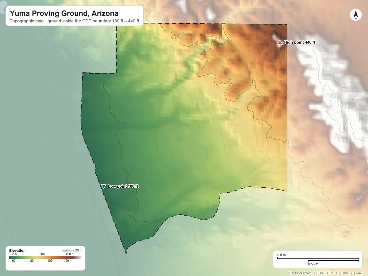 Topographic elevation map of Yuma Proving Ground, Arizona, shaded from 180 ft on the southwest side to 440 ft on the northeast side
