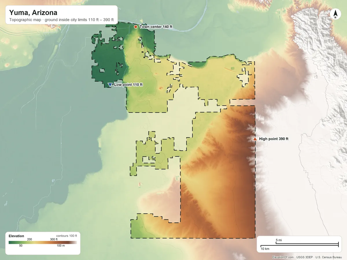 Topographic elevation map of Yuma, Arizona, shaded from 110 ft on the southwest side to 390 ft on the southeast side