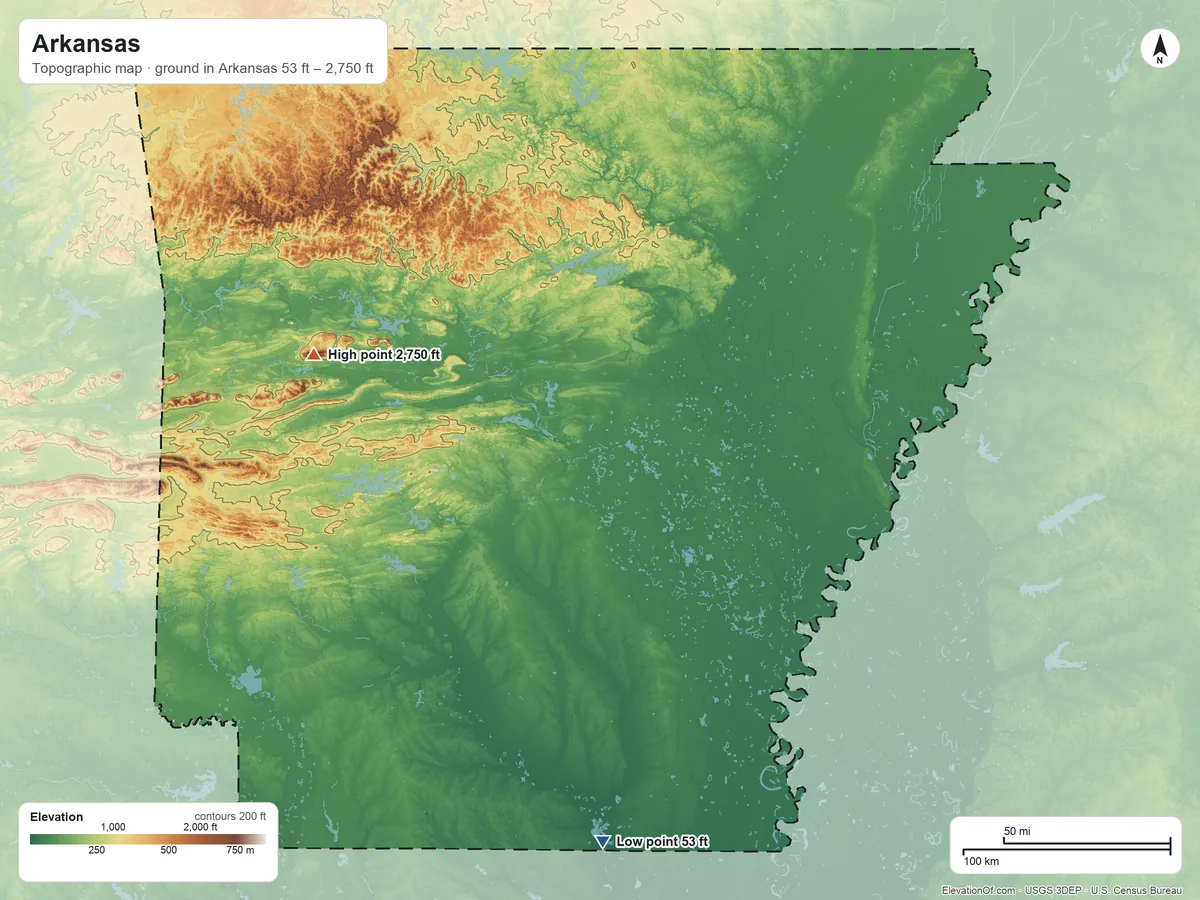 Topographic elevation map of Arkansas, shaded from 53 ft on the south side to 2,750 ft on Signal Hill