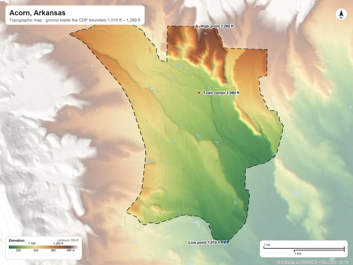 Topographic elevation map of Acorn, Arkansas, shaded from 1,010 ft on the south side to 1,280 ft at the foot of the Fourche Mountain