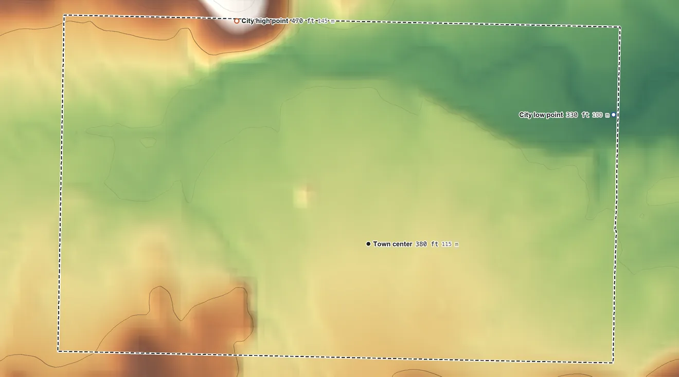 Topographic elevation map of Adona, Arkansas, shaded from 330 ft on the northeast side to 470 ft on the northwest edge, below higher ground just outside