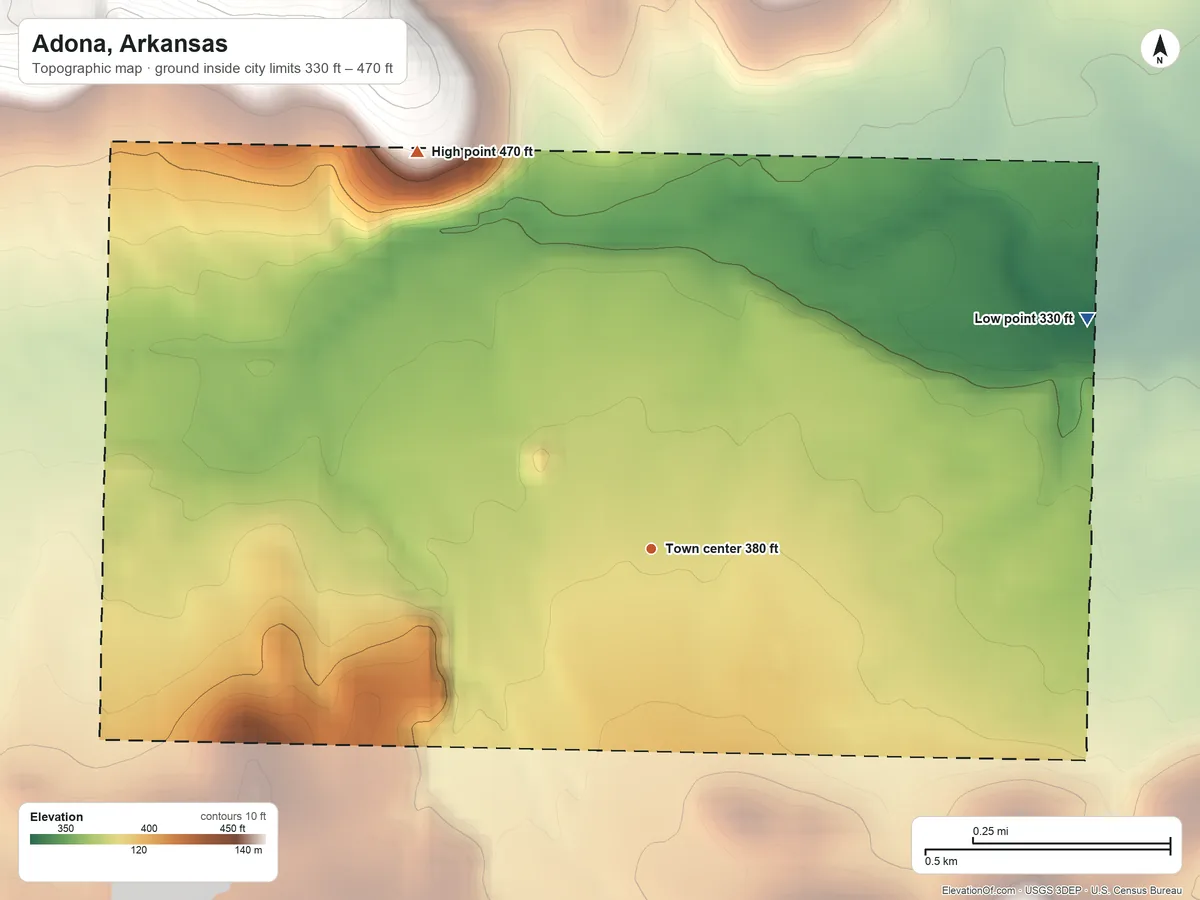 Topographic elevation map of Adona, Arkansas, shaded from 330 ft on the northeast side to 470 ft on the northwest edge, below higher ground just outside