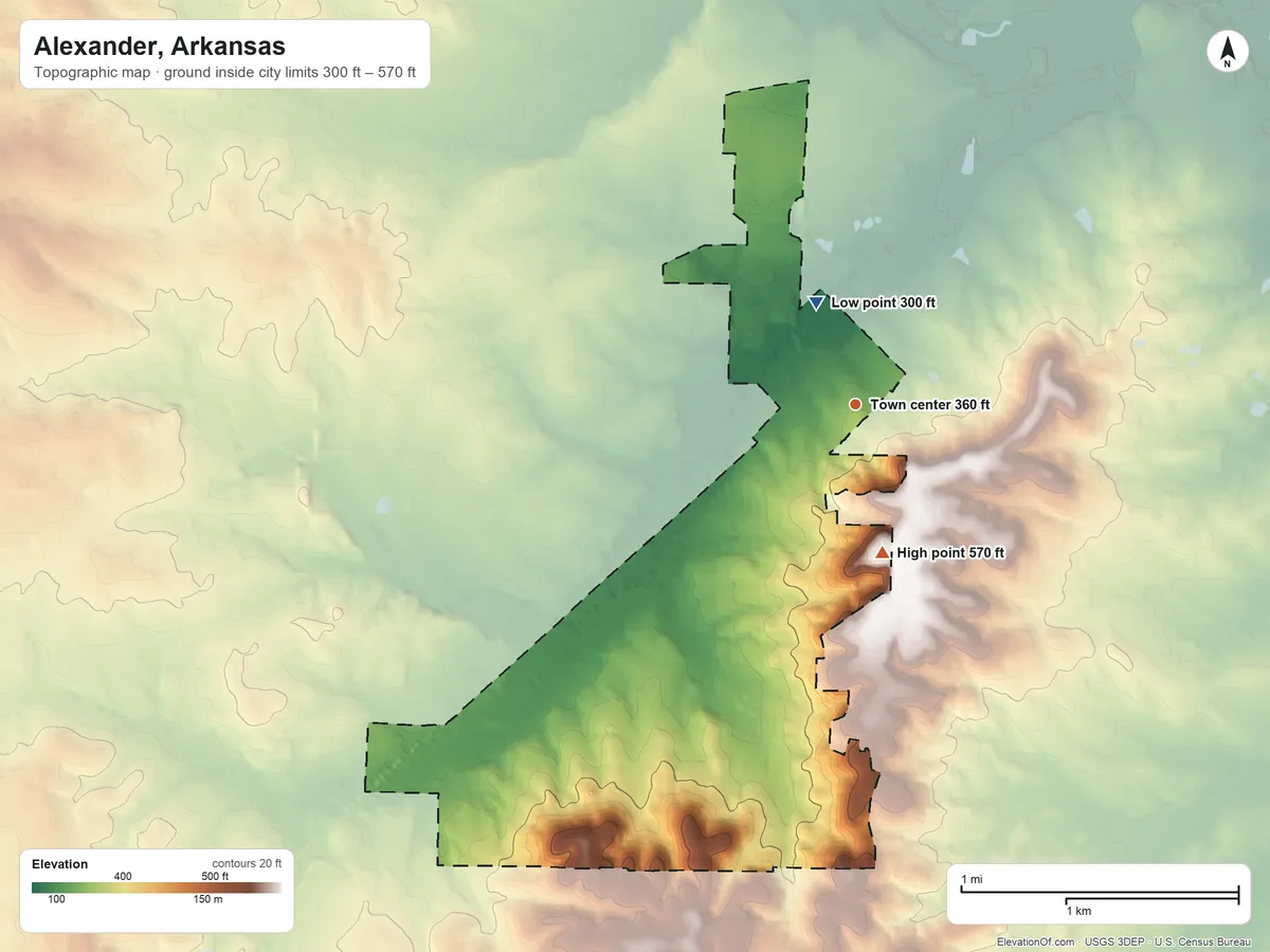 Topographic elevation map of Alexander, Arkansas, shaded from 300 ft on the north side to 570 ft on Alexander Mountain