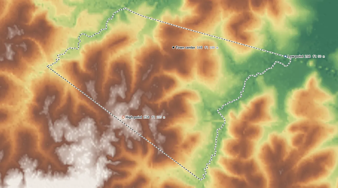 Topographic elevation map of Alleene, Arkansas, shaded from 290 ft on the east side to 350 ft on the southwest side