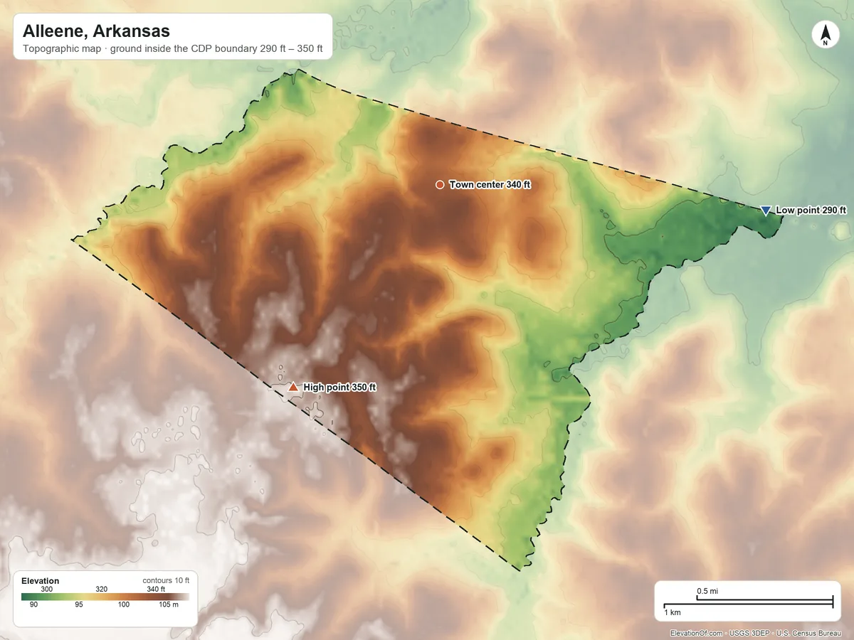 Topographic elevation map of Alleene, Arkansas, shaded from 290 ft on the east side to 350 ft on the southwest side