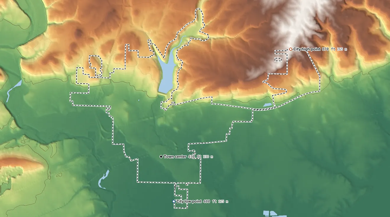 Topographic elevation map of Alma, Arkansas, shaded from 400 ft on the south side to 870 ft on the northeast side