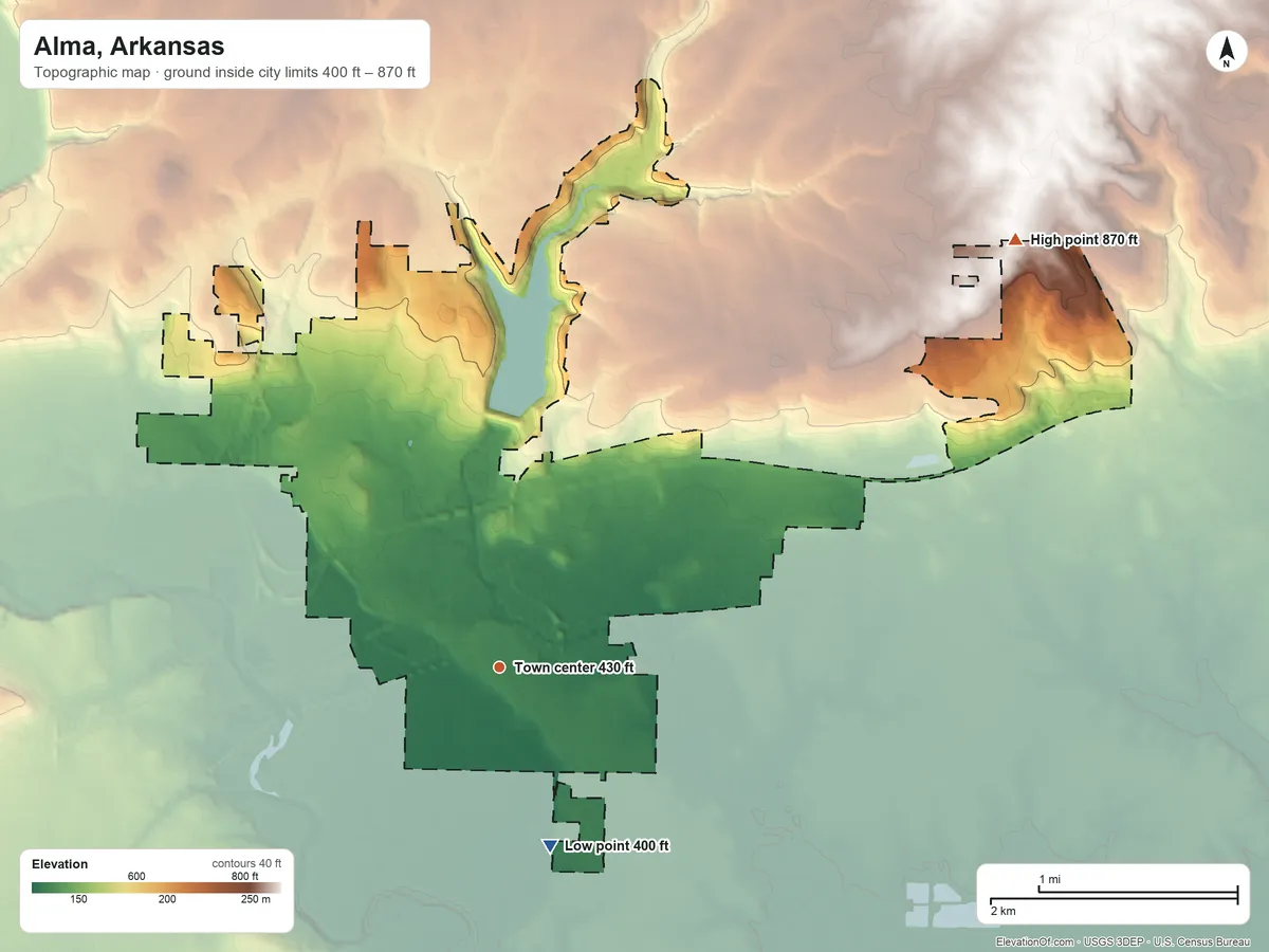Topographic elevation map of Alma, Arkansas, shaded from 400 ft on the south side to 870 ft on the northeast side