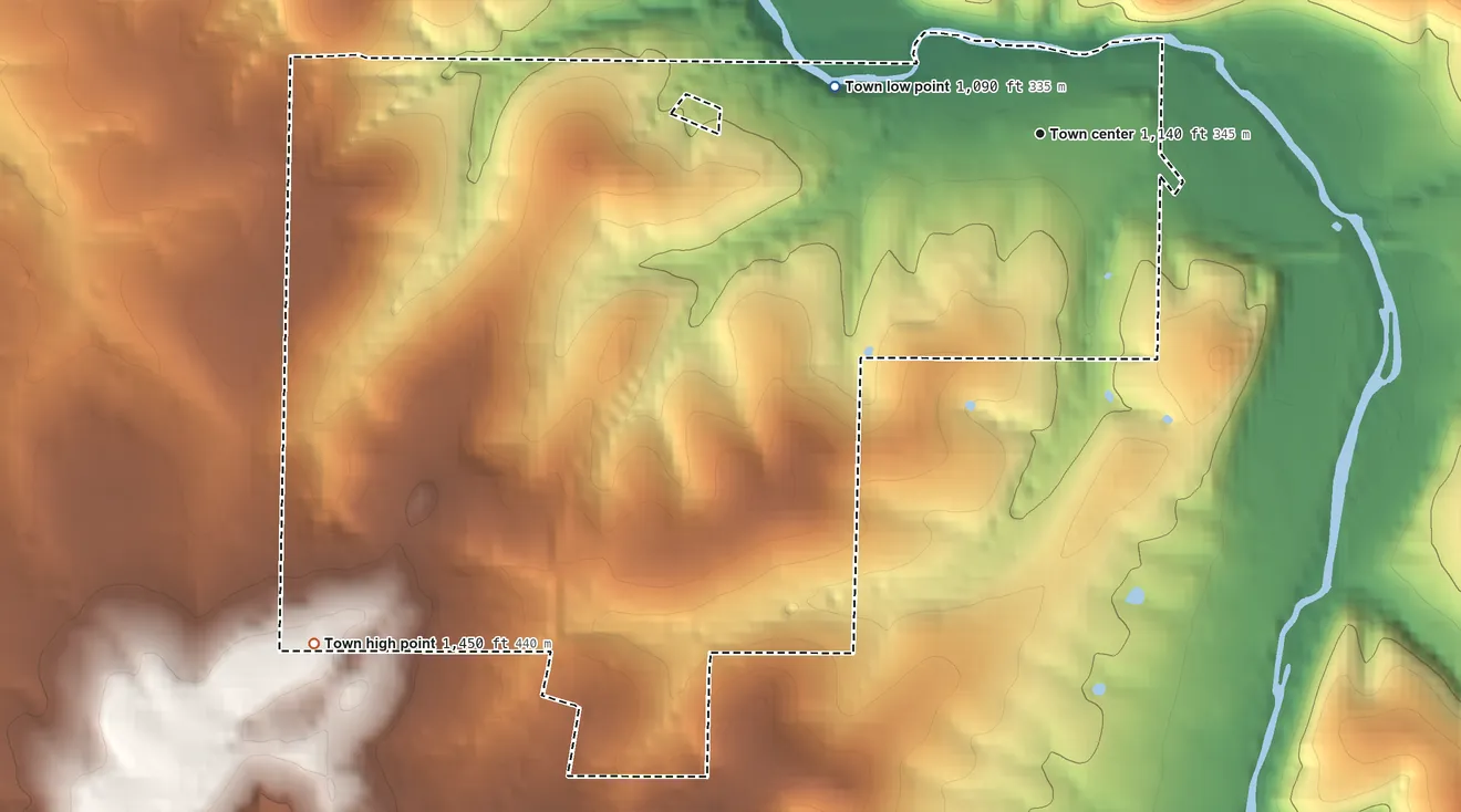 Topographic elevation map of Alpena, Arkansas, shaded from 1,090 ft on the west side to 1,450 ft on the southwest side
