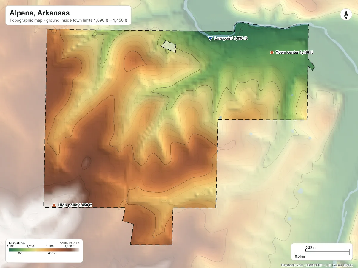 Topographic elevation map of Alpena, Arkansas, shaded from 1,090 ft on the west side to 1,450 ft on the southwest side