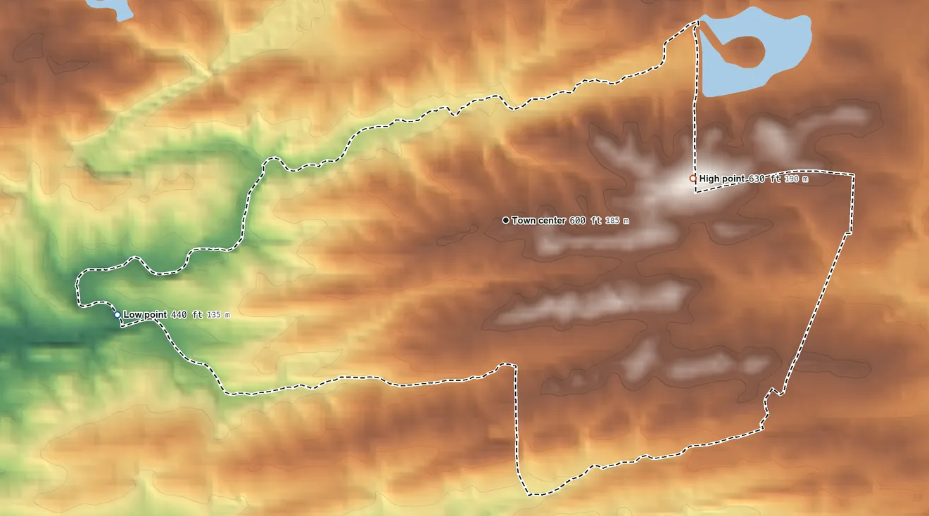 Topographic elevation map of Alpine, Arkansas, shaded from 440 ft on the west side to 630 ft on the east side