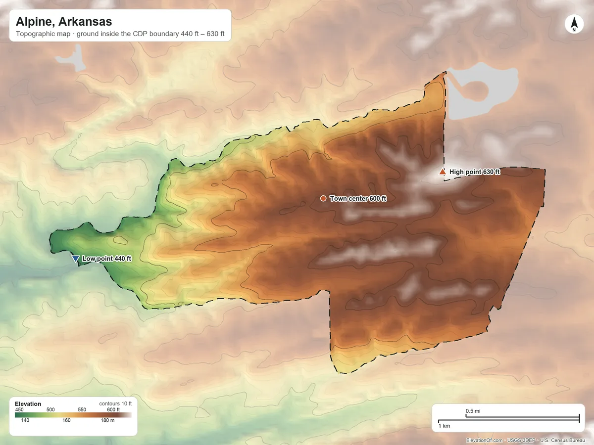 Topographic elevation map of Alpine, Arkansas, shaded from 440 ft on the west side to 630 ft on the east side