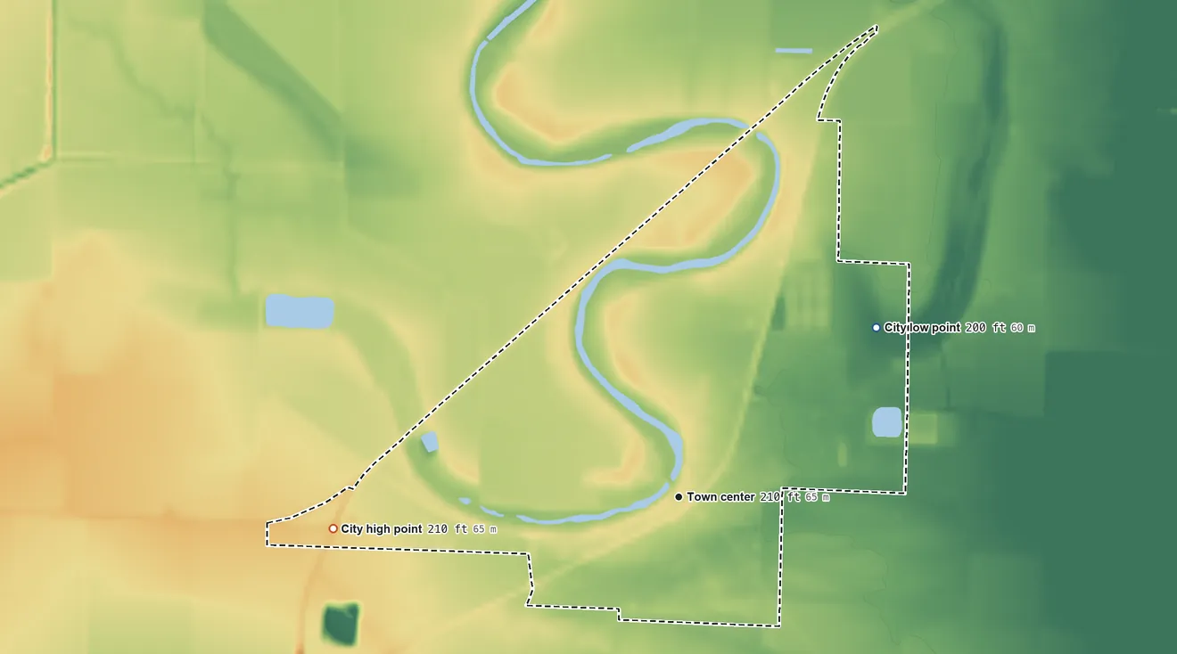 Topographic elevation map of Altheimer, Arkansas, shaded from 200 ft on the northeast side to 210 ft on the west side