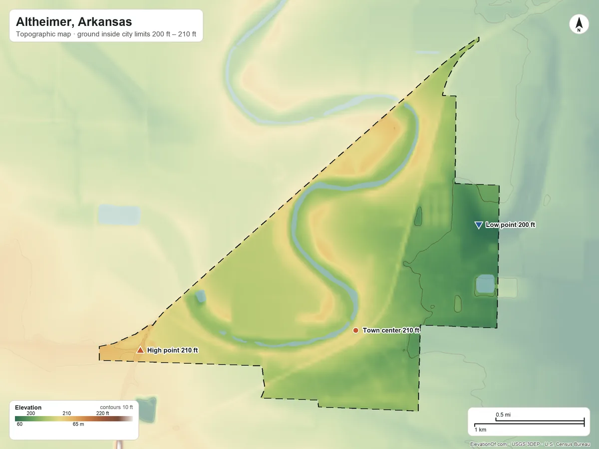 Topographic elevation map of Altheimer, Arkansas, shaded from 200 ft on the northeast side to 210 ft on the west side
