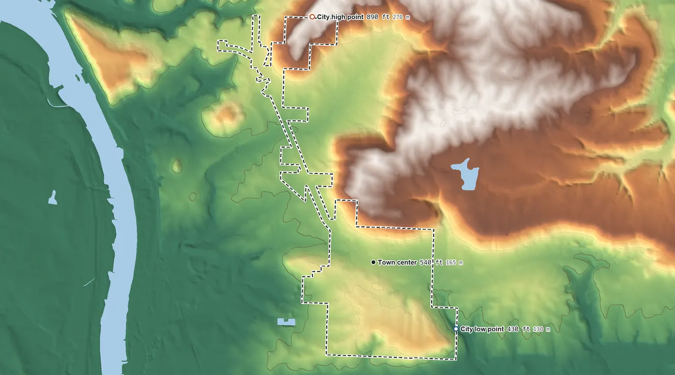 Topographic elevation map of Altus, Arkansas, shaded from 430 ft on the southeast side to 890 ft on the north side