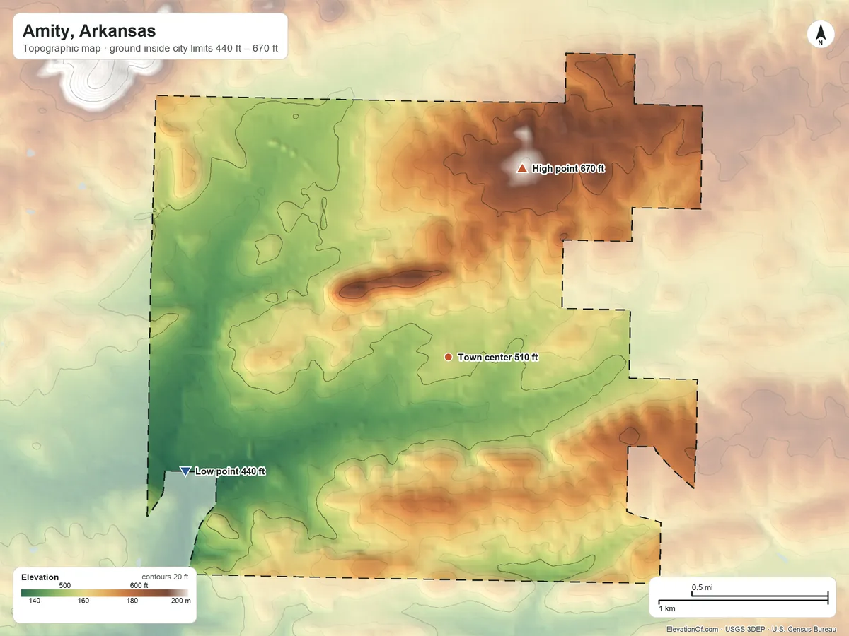 Topographic elevation map of Amity, Arkansas, shaded from 440 ft on the southwest side to 670 ft on the north side