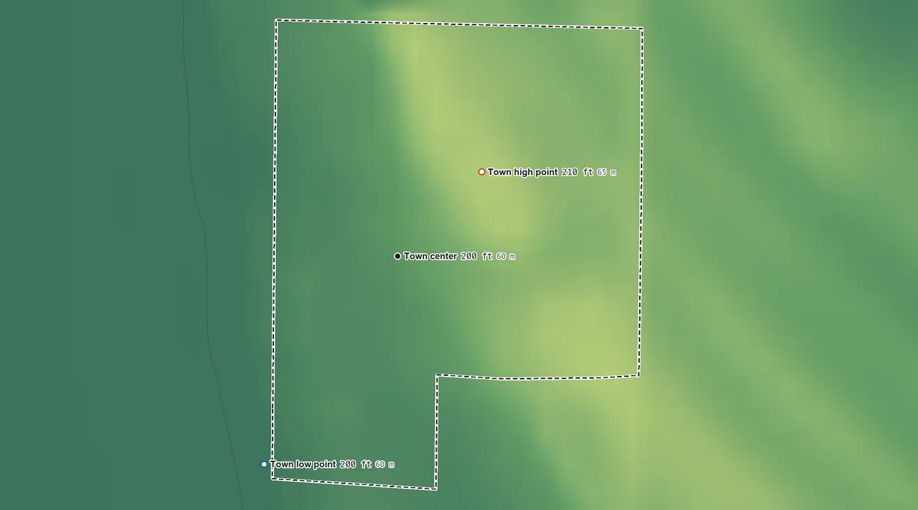 Topographic elevation map of Anthonyville, Arkansas, shaded from 200 ft on the southwest side to 210 ft on the northeast side